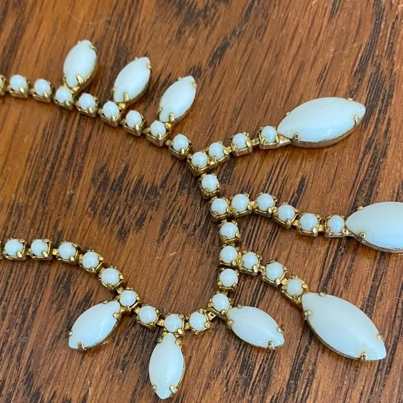 Vintage White Milk Glass Rhinestone Necklace - Picture 3 of 5